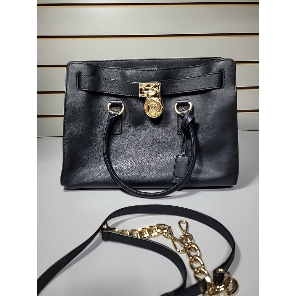 Michael Kors Black Hamilton Saffiano Leather Large Satchel Shoulder Bag Purse